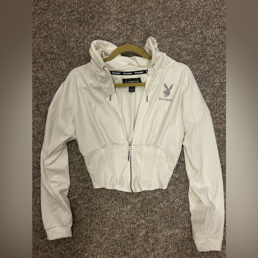 PLAYBOY Cream Zip-Up Cropped Hoodie